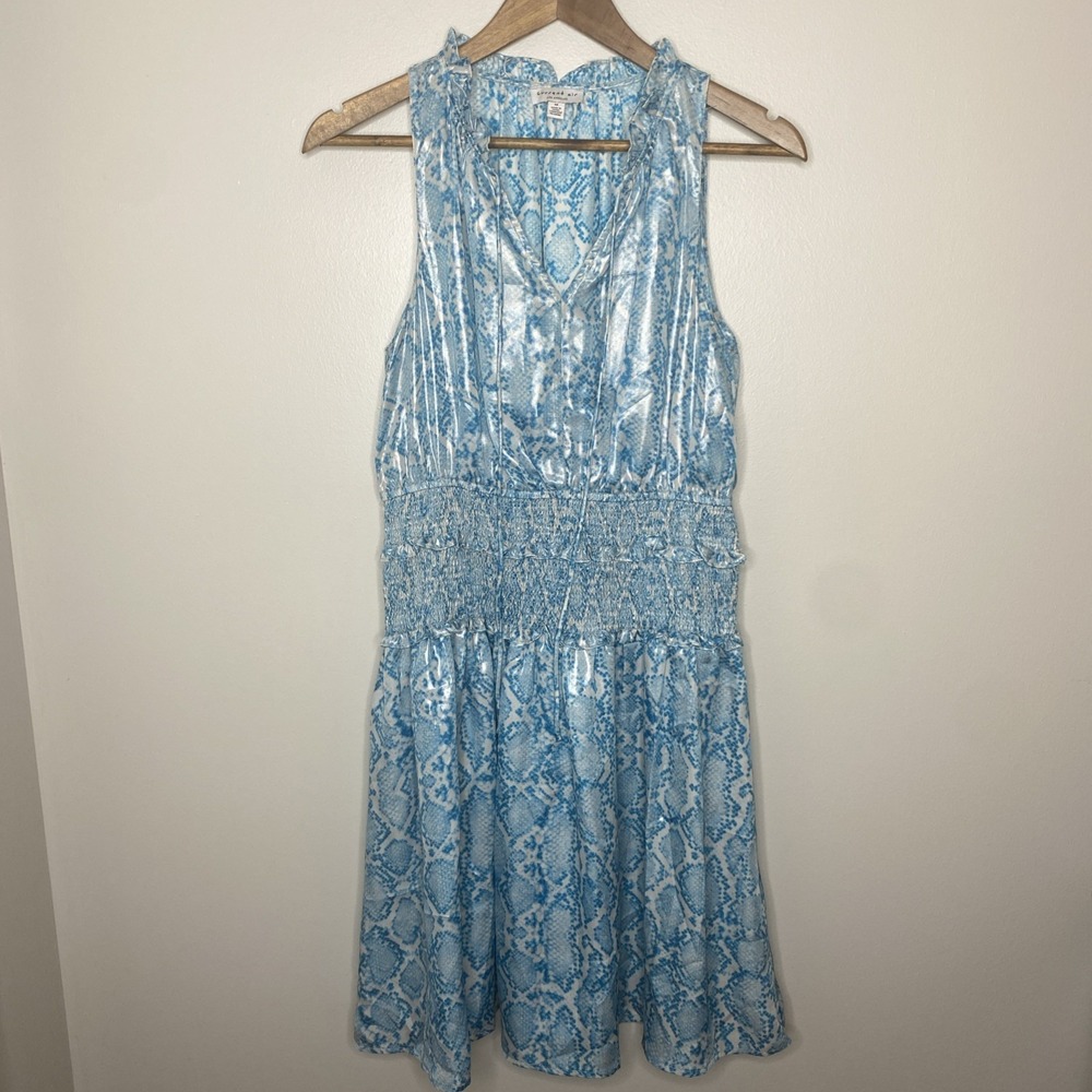 Anthropologie Current Air Smocked Dress Snake Print Sheen Ruffle Size Medium